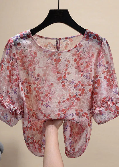 Classy Red O-neck Ruffled Print Chiffon Shirt Top Short Sleeve