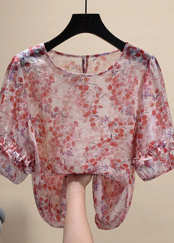 Classy Red O-neck Ruffled Print Chiffon Shirt Top Short Sleeve