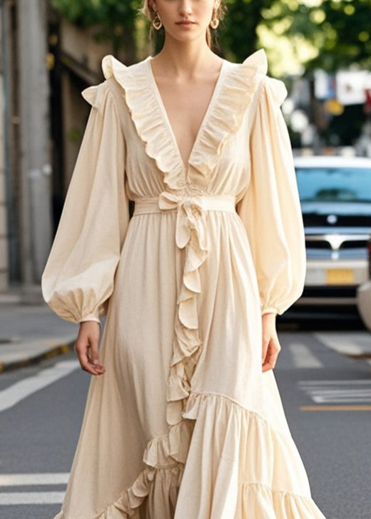 Champagne Color Ruffled Exra Large Hem Long Dress Fall