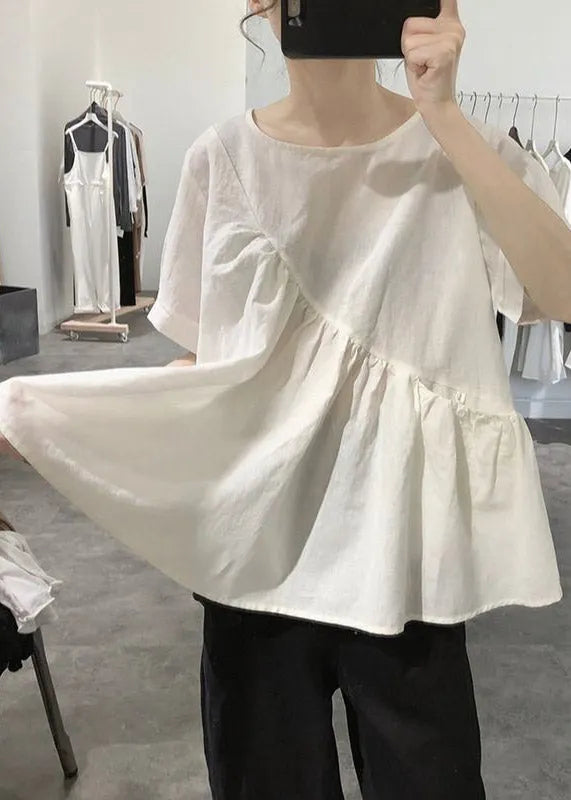 Grey O-neck Asymmetrical Wrinkled Top Short Sleeve