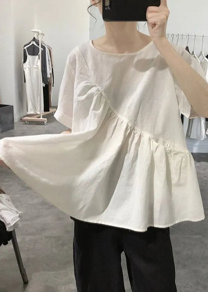 Grey O-neck Asymmetrical Wrinkled Top Short Sleeve