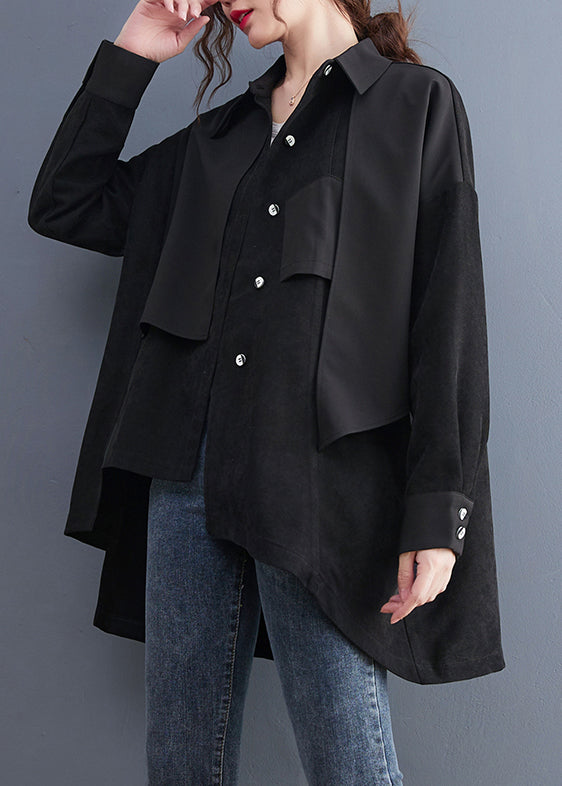 Black Asymmetrical Patchwork Cotton Blouses Fall