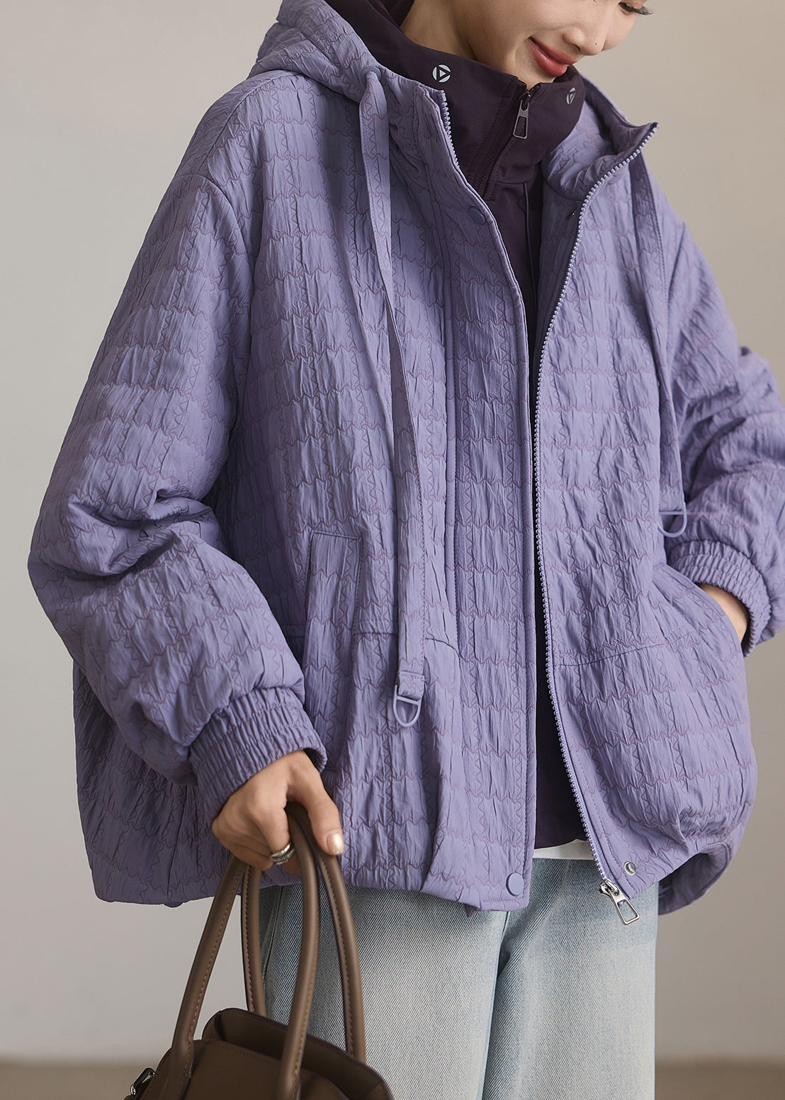Simple Lavender Oversized Fine Cotton Filled Hoodie Coat Winter