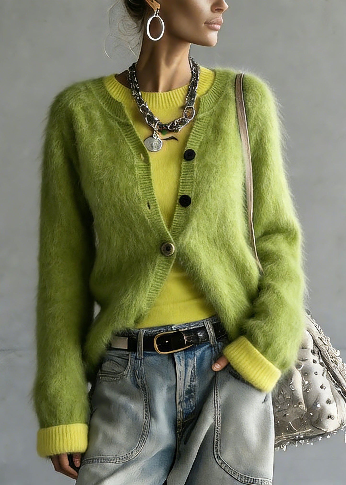 Green V Neck Cotton Knit Cardigan and Top Two Pieces Set Spring