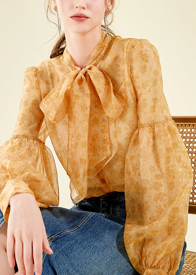 Orange Stand Collar Chiffon Top Lantern Sleeve