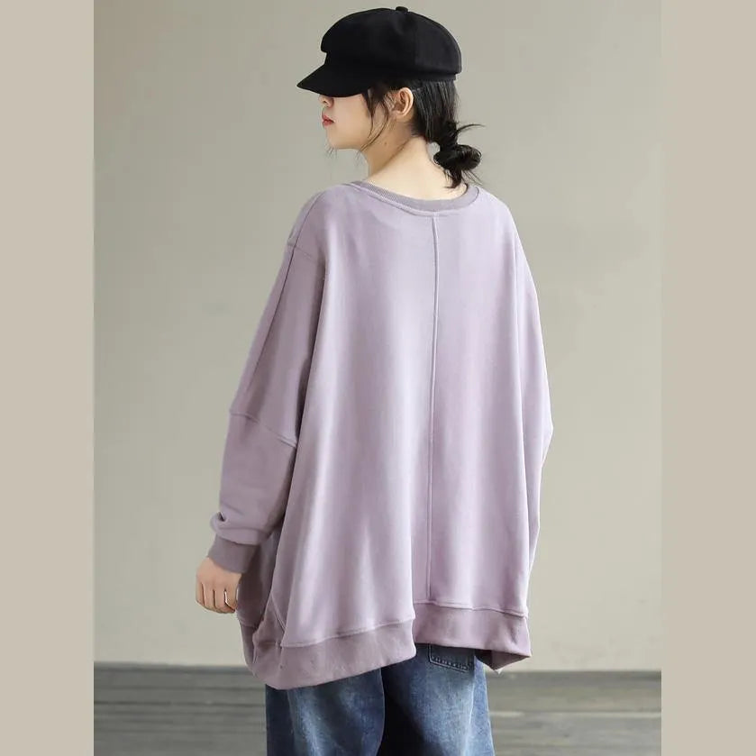 Modern Purple Cartoon Print Cotton Shirts O Neck Loose Spring Shirts