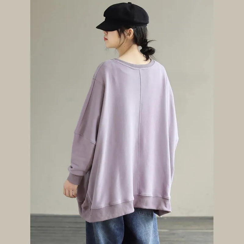 Modern Purple Cartoon Print Cotton Shirts O Neck Loose Spring Shirts