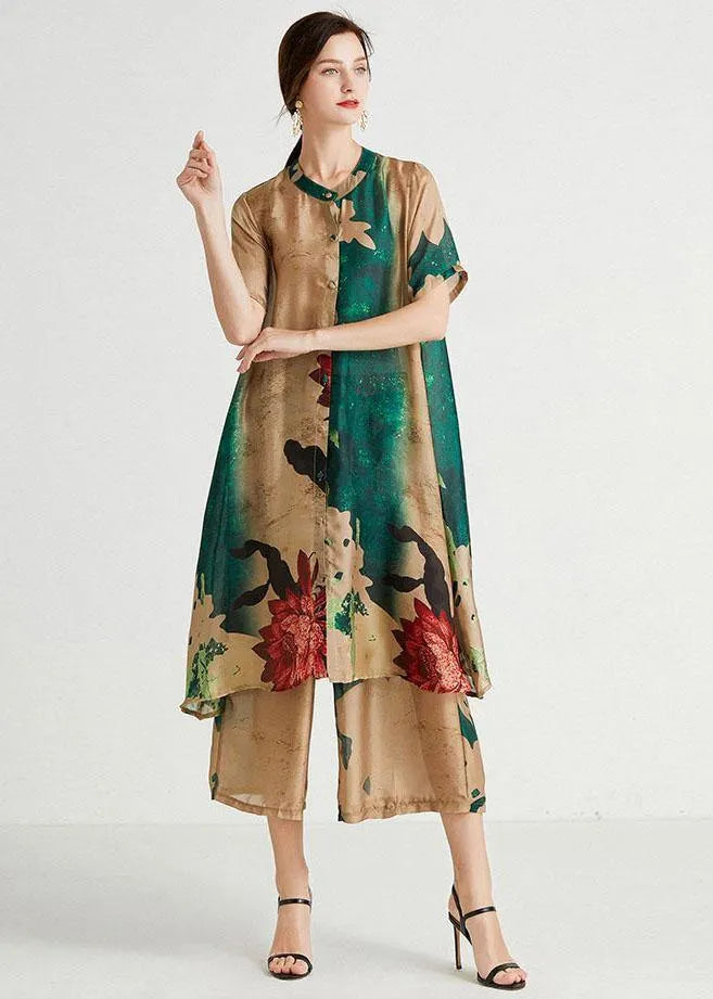 Apricot Green Stand Button Summer Two Pieces Set Short Sleeve