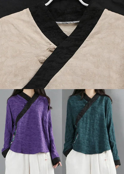 Khaki Button Patchwork Shirt Long Sleeve