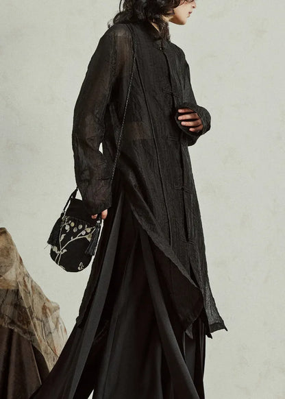 Retro Black Button Organza Long Tops Long Sleeve
