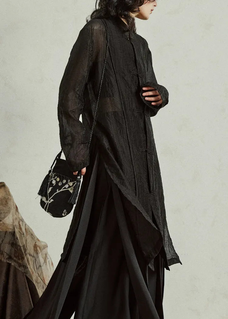 Retro Black Button Organza Long Tops Long Sleeve