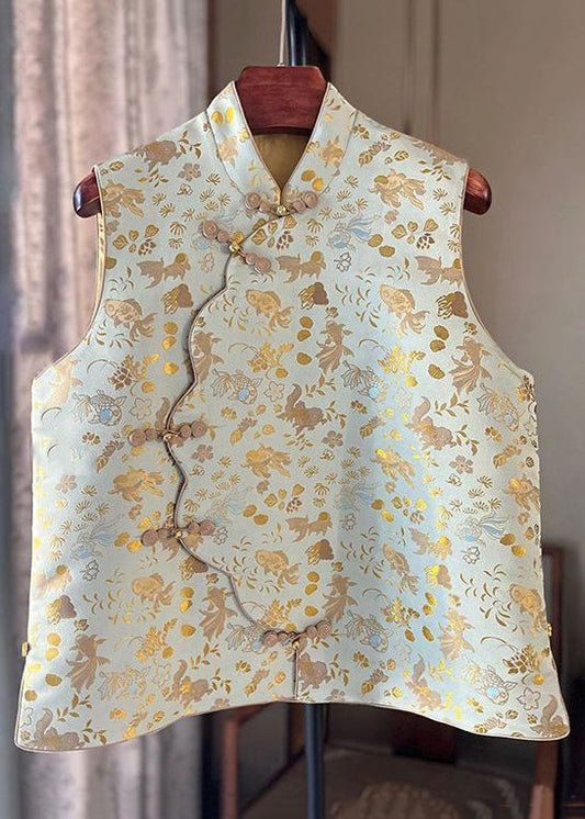 Print Stand Collar Button Cotton Waistcoat Sleeveless
