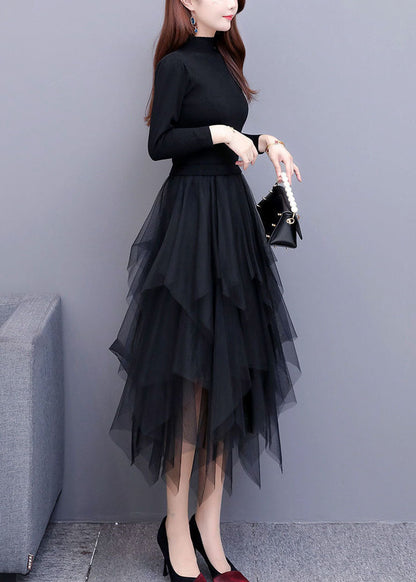 Black Tulle Patchwork Asymmetrical Design Dress Spring