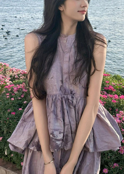 Purple O-neck Ruffled Patchwork Wrinkled Maxi Dresses Summer