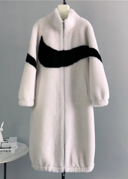 Black Stand Collar Zip Up Pockets Wool Coat Winter
