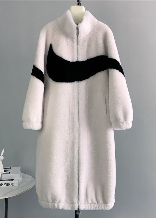 Black Stand Collar Zip Up Pockets Wool Coat Winter