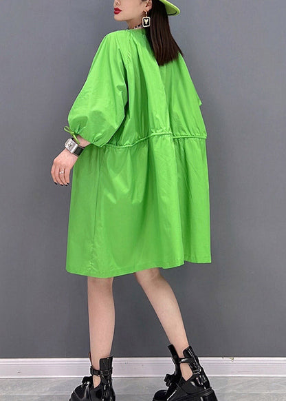 Loose Green O-neck Ruffled Drawstring Zippered Trench Coats Three Quarter Sleeve