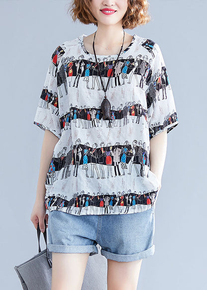 White O-neck Character Print Cotton Tops Summer