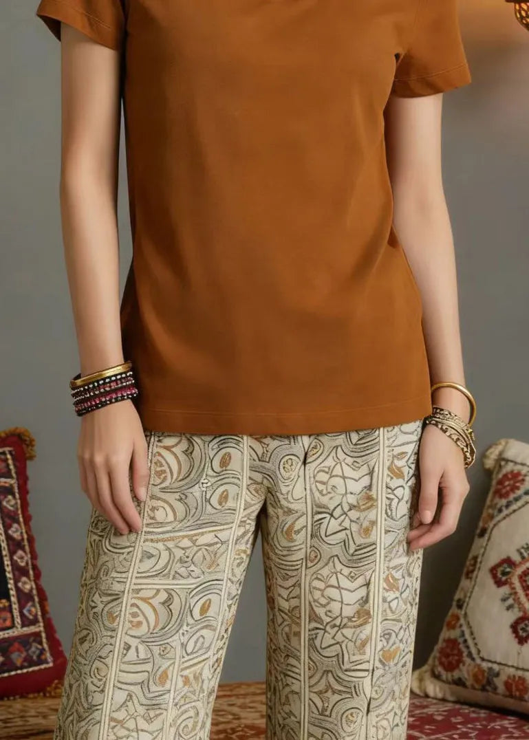 New Orange O Neck Nail Bead Cotton T Shirt Summer