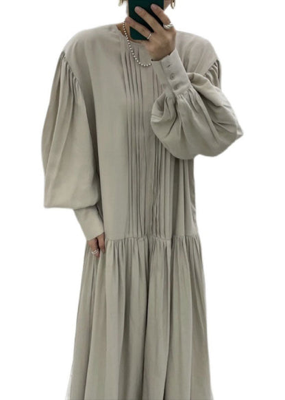 French Khaki O Neck Wrinkled Patchwork Cotton Dresses Spring