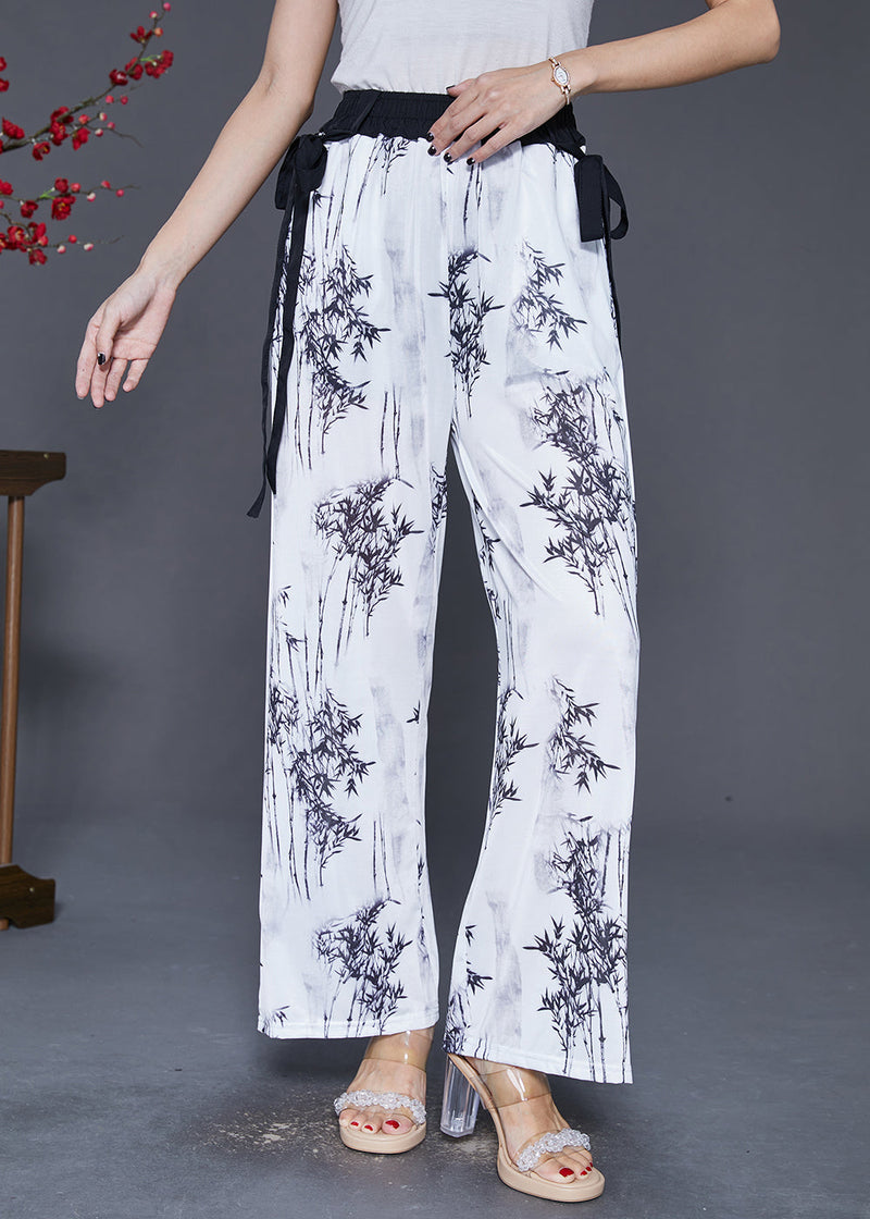 White Bamboo Print Draping Chiffon Straight Pants Fall