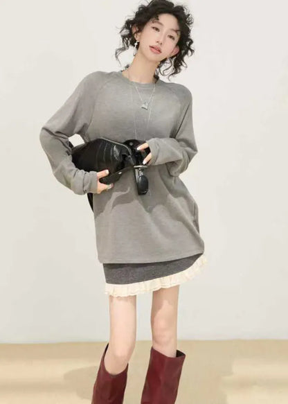 Loose Grey O-neck Tie Dye Cotton Shirt Spring