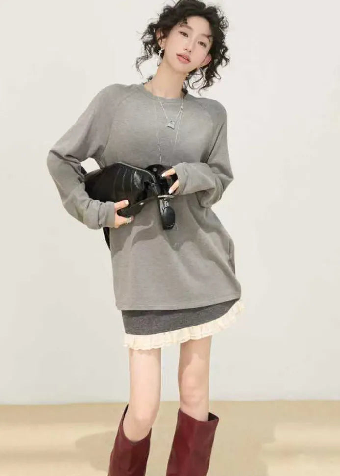 Loose Grey O-neck Tie Dye Cotton Shirt Spring