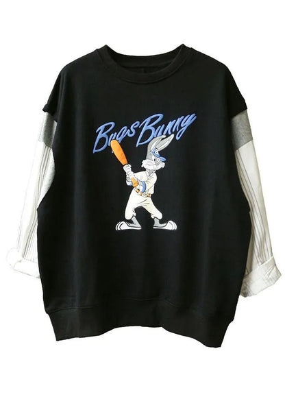 Modern Black O-neck Print Patchwork Fall Loose Sweatshirts Top