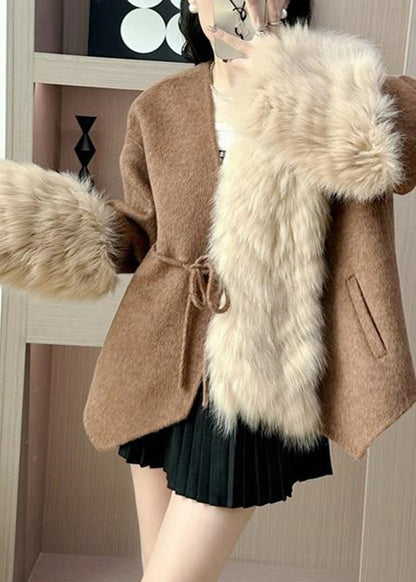 Caramel Fox Collar Patchwork Tie Waist Woolen Coats Fall