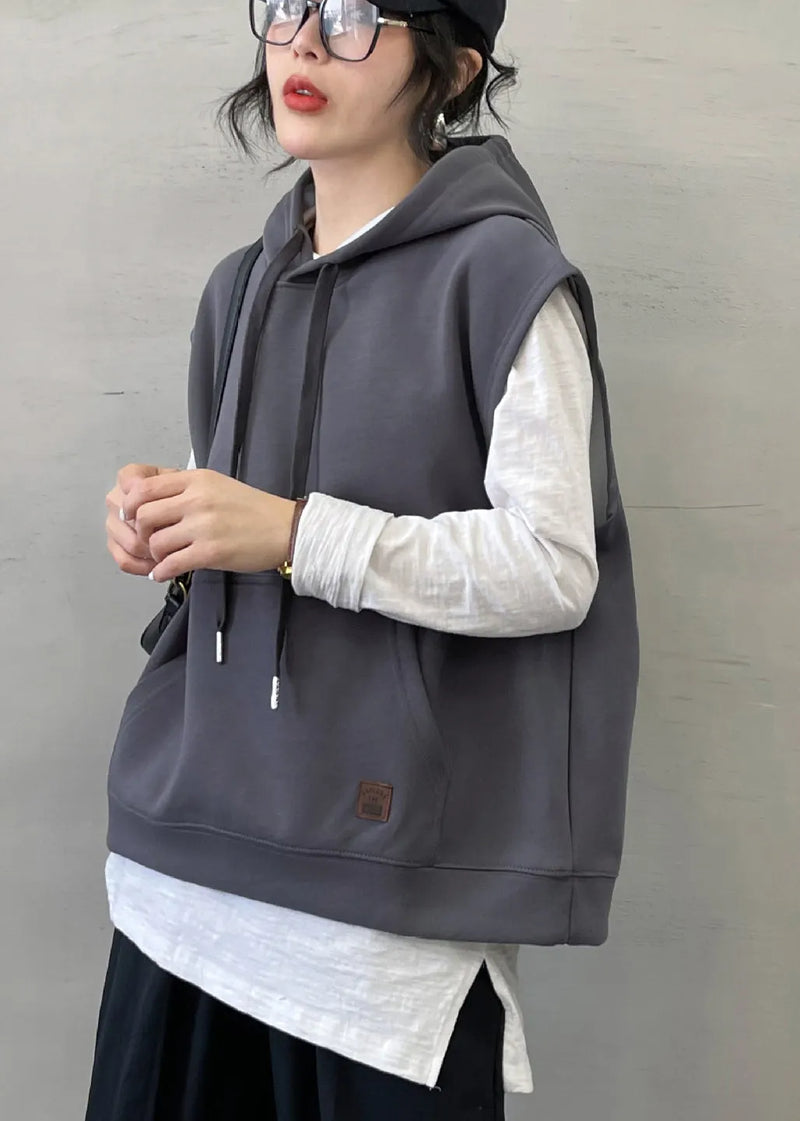Modern Grey Drawstring Cotton Pullover Vest Sleeveless