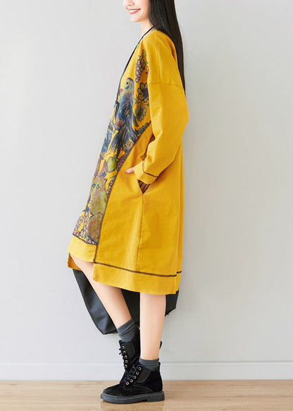 Unique Yellow O-neck Asymmetrical Animal Print Dress Spring