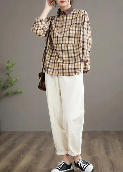 Lapel Patchwork Spring Shirts Fabrics Lighe Orange Plaid Blouses