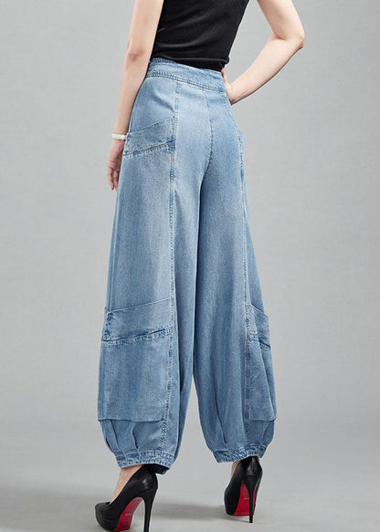 Light Blue High Waist Pockets Cotton Denim Lantern Pants Summer