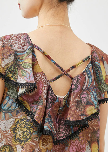Brown Ruffled Print Cotton Blouses Summer