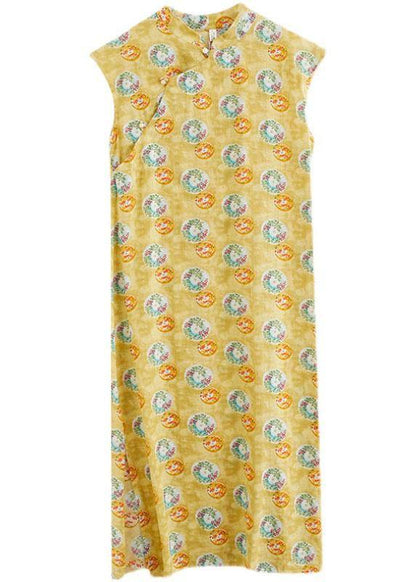 Yellow Print Cotton Dress Oriental Summer Vacation Dresses
