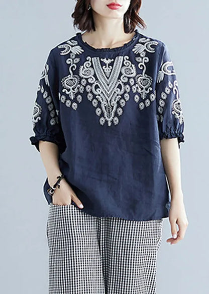 Blue O-neck Cotton Top Short Sleeve