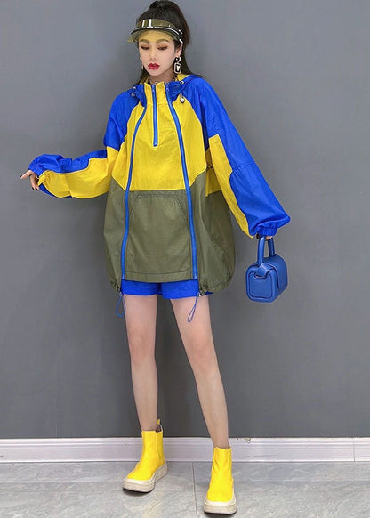 Classy Blue Yellow Hooded Zip Up Patchwork Coats and Shorts Two Pieces Set Summer