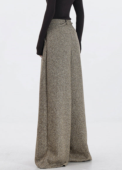 Khaki Pockets High Waist Woolen Pants Fall