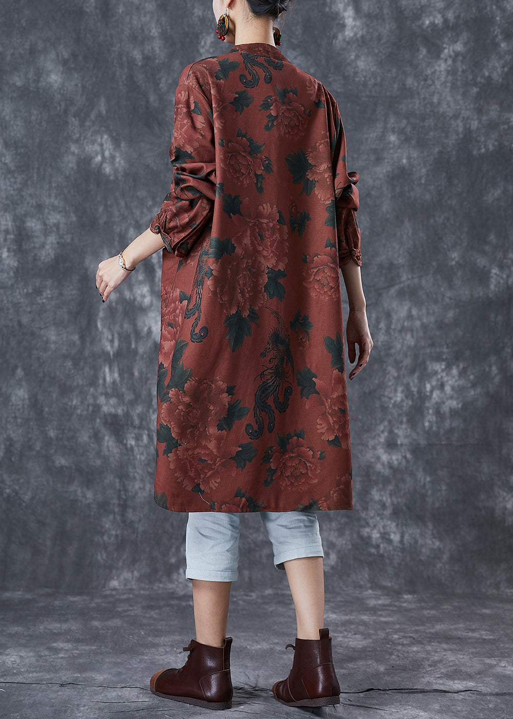 Dull Red Print Linen Chinese Style Shirt Dress Fall