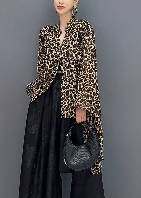 Leopard Stand Collar Asymmetrical Design Tops Fall