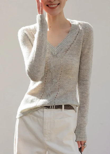 Grey V Neck Hollow Out Knit Top Spring