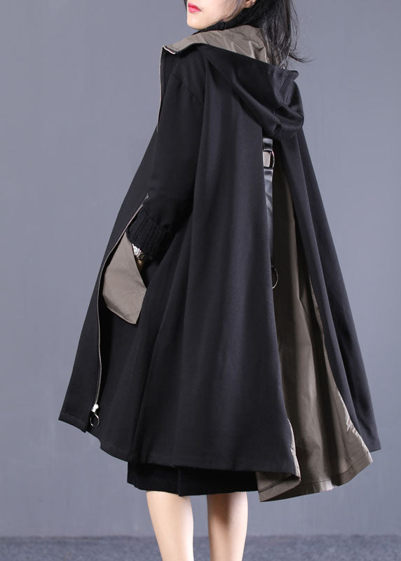 Black Hooded Patchwork Cotton Coat Spring