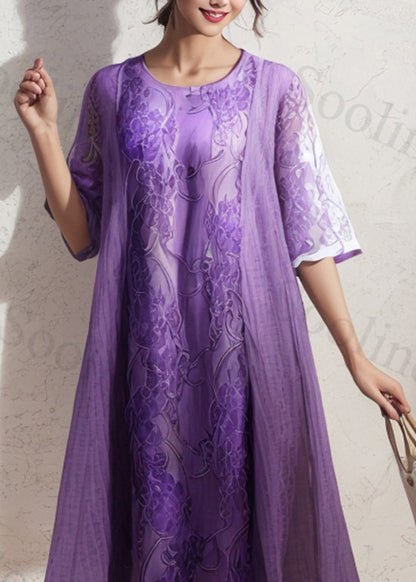 Italian Purple O Neck Print Patchwork Silk Dresses Summer
