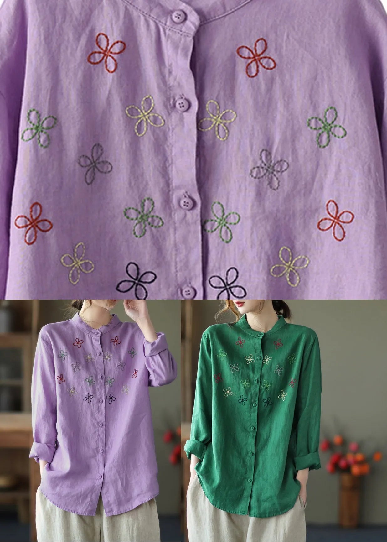 Purple Stand Collar Embroideried Linen Shirt Long Sleeve