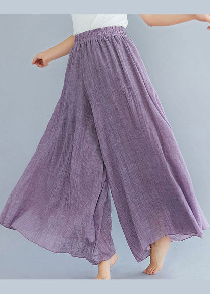 Purple Elastic Waist Linen Wide Leg Pants Summer
