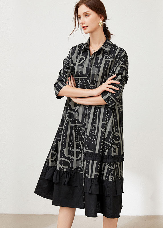 Black Peter Pan Collar Print Cotton Shirts Dresses Spring