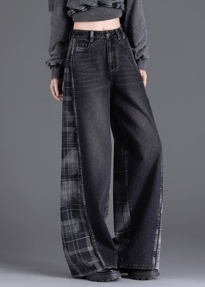 New Black Pockets Plaid Patchwork Warm Fleece Denim Pants Spring