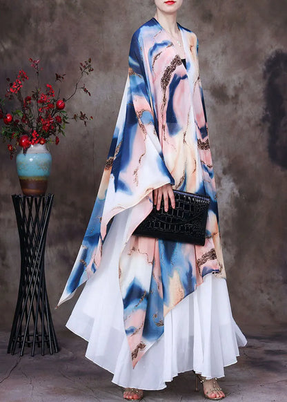 White Asymmetrical Design Tie Dye Chiffon Upf 50+ Top Batwing Sleeve