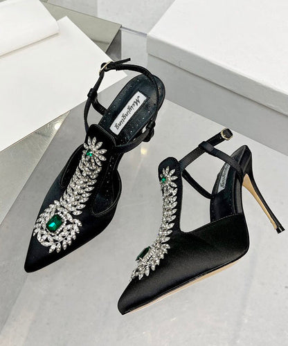 Green Zircon Boutique Splicing Stiletto Sandals Pointed Toe Hollow Out