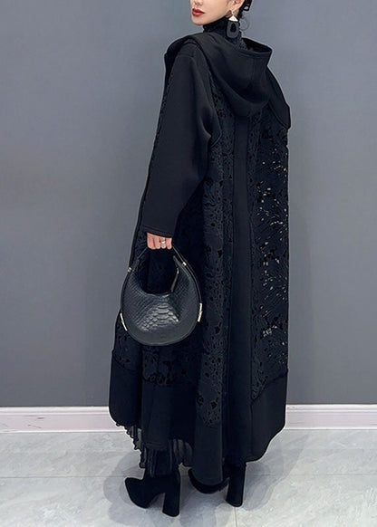 Black Pockets Hollow Out Maxi Hooded Trench Coats Long Sleeve Fall